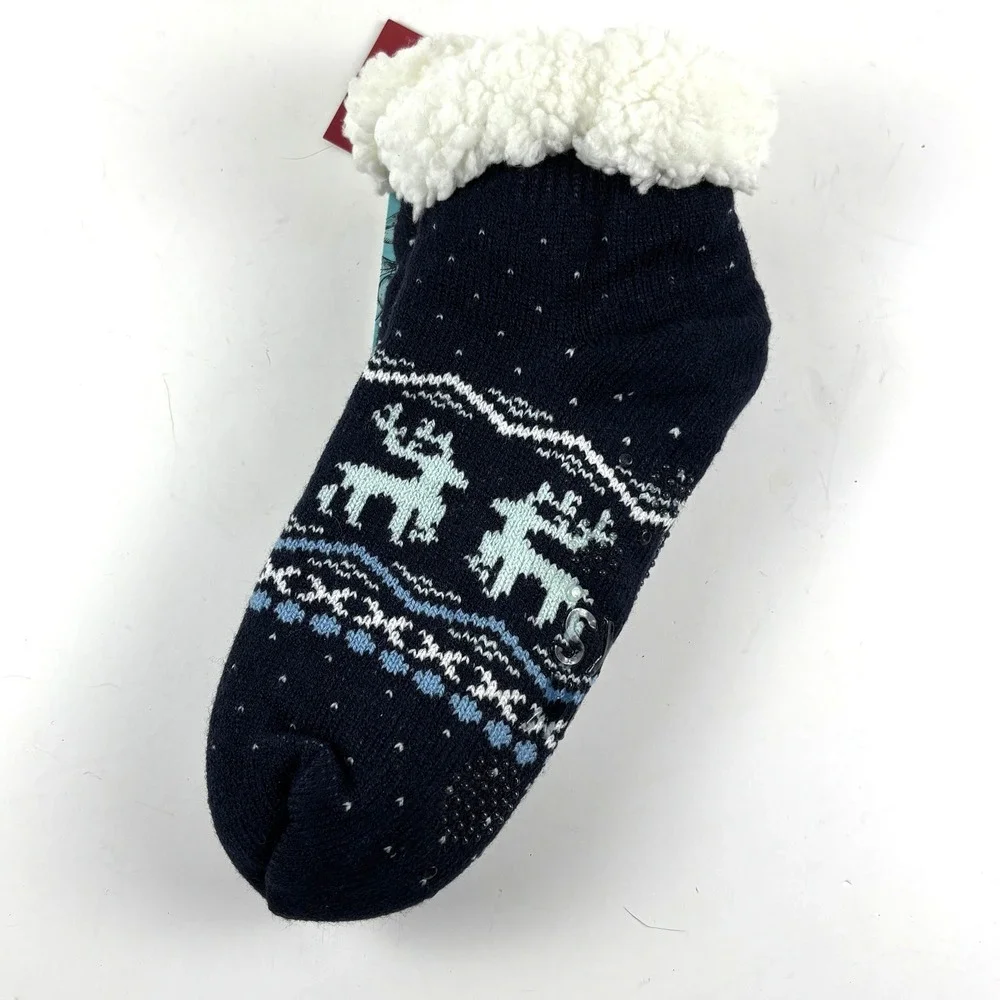 New Muk Luks Slipper Socks Womens L/XL Navy Blue Reindeer‎ Sherpa Cabin Socks